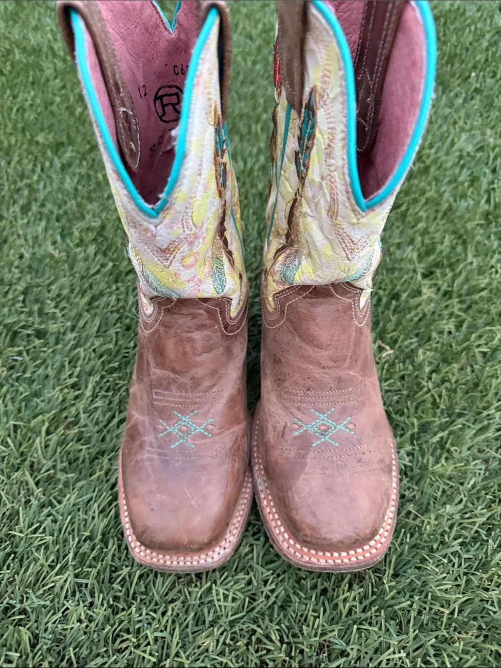 Brown Leather Cowgirl Boots with Turquoise Trim and Feather Embroidery